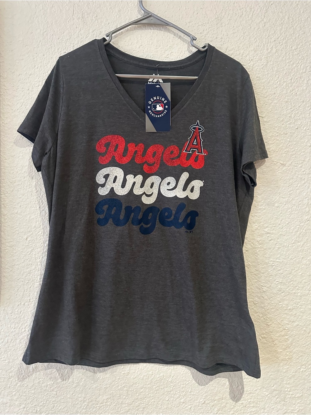 Majestic Gray V-Neck 'Angels' Script Tee with Red, White & Blue Logo